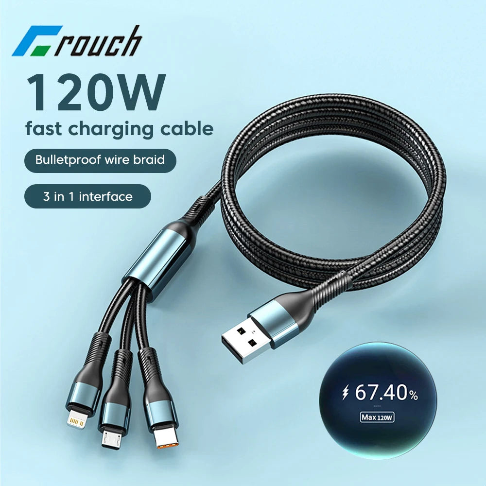 3in1 USB C Cable For iphone 14 13 12 Pro Max USB To Type C Fast Charging Cable Micro Lightning For ipad Samsung Xiaomi Tablet